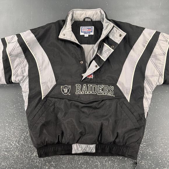 VTG Raiders Starter Jacket Mens Large Black Gray Striped 1/4 Zip Pro Line Puffer - Picture 2 of 8